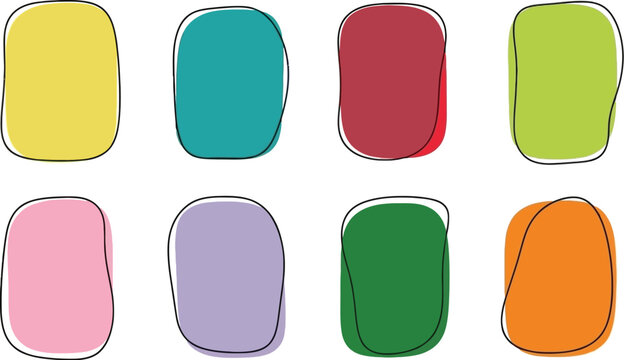 A collection of eight colorful abstract shapes with rounded corners and irregular outlines arranged in a grid pattern on a clean white background.