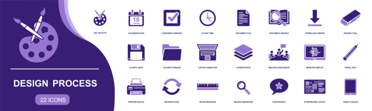 Design process icon set. Containing art palette, layers, storyboard, pencil edit, eraser, ruler, file search, calendar, save, download, sync, laptop and more. Solid fill vector icons collection.