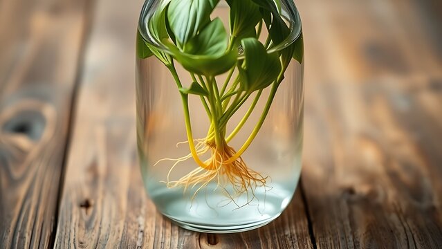 carboy. Clear glass carboy with floating green plant and visible roots on rustic wooden surface. gardening catalogs, home-decor guides, designed for home decor and floral branding.