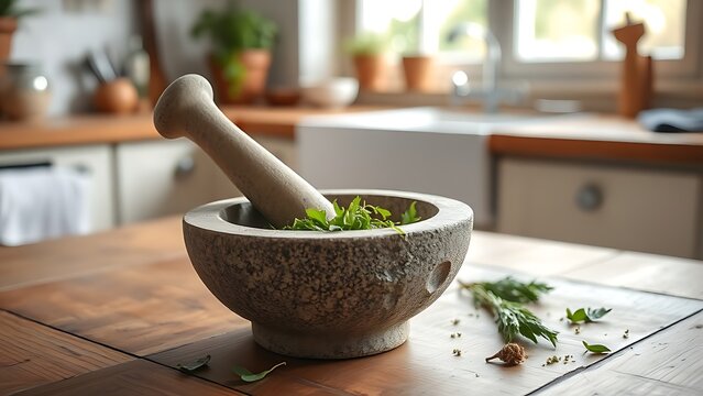 labdanum. A rustic stone mortar and pestle with green herbal paste on a wooden table in a cozy kitchen. menu design, packaging mockups, designed for culinary blogs and recipe cards for restaurants.