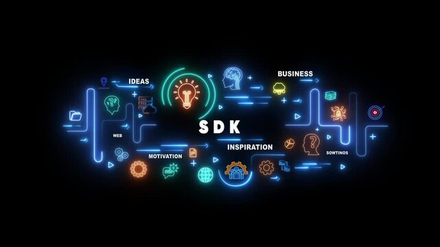 Neon light infographic diagram with SDK text and icons for ideas motivation business inspiration web and solutions