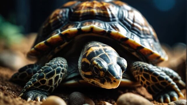 A close-up view of a turtle resting on the ground, with its shell visible