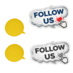Follow us social media sticker set: Colorful and grayscale 3D speech bubbles with heart and hand cursor