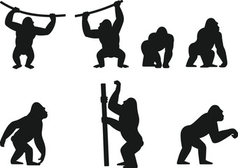Black gorilla silhouettes collection, primate ape icons set, silverback monkey graphics, jungle wildlife vector, tropical nature design, african animal, zoo. © Mst