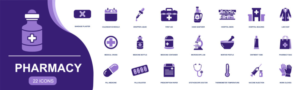 Pharmacy icon set. Containing prescription, pill blister, medicine bottle, ointment, dropper, vaccine, sanitizer, first aid, hospital, lab, thermometer and more. Solid fill icons collection