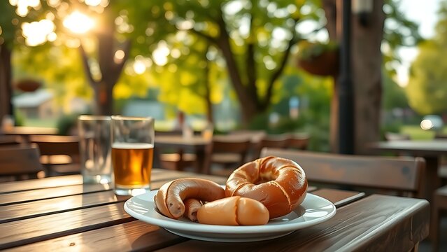 weisswurst. Beer garden table at dawn with weisswurst and pretzel on a white plate. bar promotions, beverage menus, designed for product packaging and bar promotions.