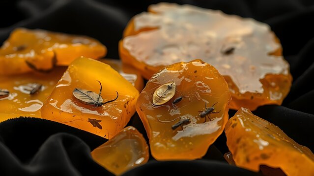 copal. Several raw amber copal resin pieces on black velvet with ancient inclusions. gardening catalogs, home-decor guides, designed for home decor and floral branding, used by video editors.