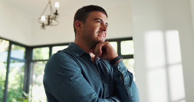 Thinking, reflection and man in home with plan, choice or problem solving in startup growth. Thoughts, decision and entrepreneur in living room with idea, contemplation or solution for small business