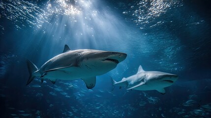 Fototapeta premium A large group of sharks moving through clear sea water.