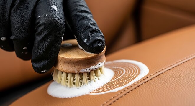 Hand Cleaning Leather Surface with Brush and Soap