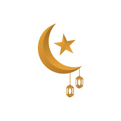 Ramadan kareem golden background featuring three-dimensional, crescent moon, stars, decorative frames, and lantern lights