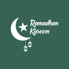 Ramadan kareem green background featuring crescent moon, stars, decorative frame and lantern lights