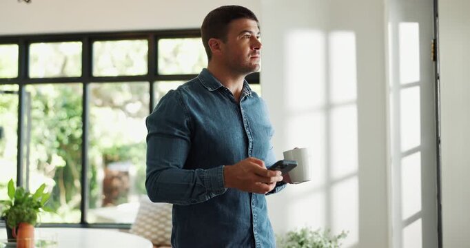 Man, remote work and phone with coffee at house for real estate, property research and listing. Thinking, realtor and beverage with mobile, email client and viewing information for resale opportunity