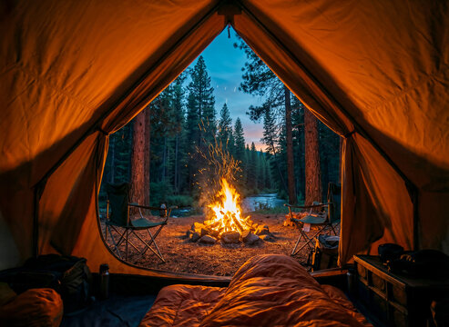 Point of view from a camping tent overlooking a glowing bonfire by the river in a dark forest at dusk, showcasing a frame within a frame composition with copy space for travel designs.
