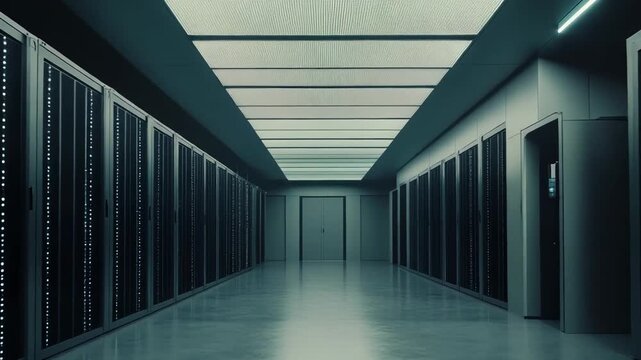 Server room corridor with long rows of black server racks bathed in cool led light, empty yet humming, representing cloud computing, big data and global network infrastructure