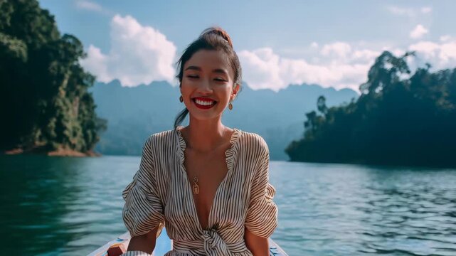 Asian woman posing on boat in Ratchaprapha dam Khao sok national park at suratthani,Thailand