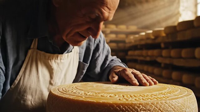 Artisan cheese maker inspects large wheel of aged cheese in traditional cellar
