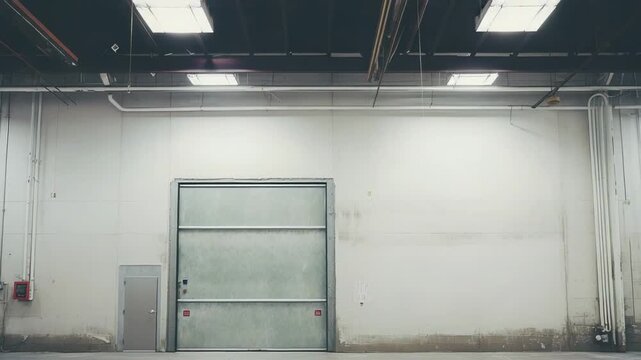 Empty industrial warehouse interior with concrete floor, high ceilings, large roll up loading dock door and small access door, pipes, and minimal architecture
