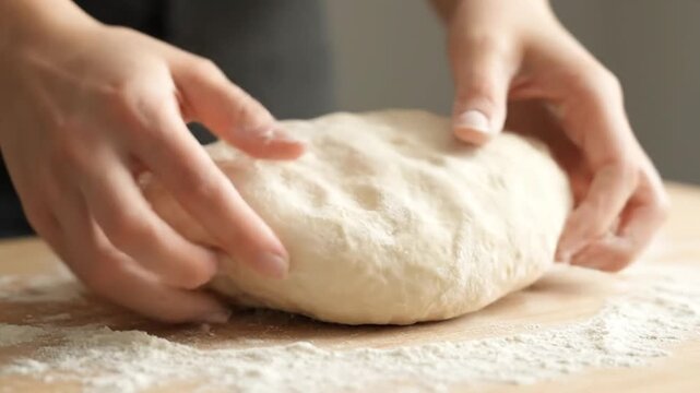 Kneading dough on floured surface hands shaping bread