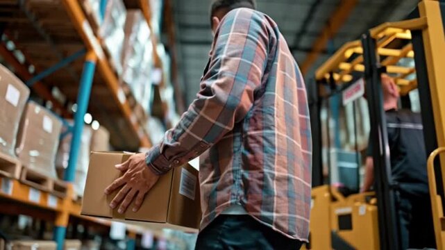 Handheld barcode scanner scanning cardboard box on tall metal shelving units in warehouse aisle
