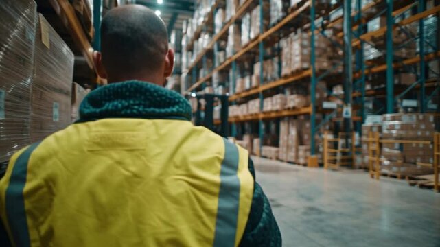 Handheld barcode scanner scanning cardboard box on tall metal shelving units in warehouse aisle