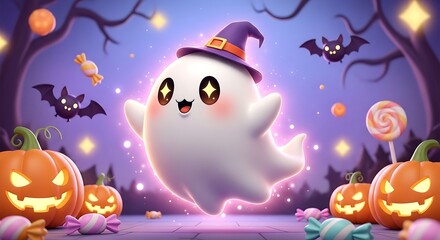 Fototapeta premium Cute Ghost in Witch Hat on Halloween Night