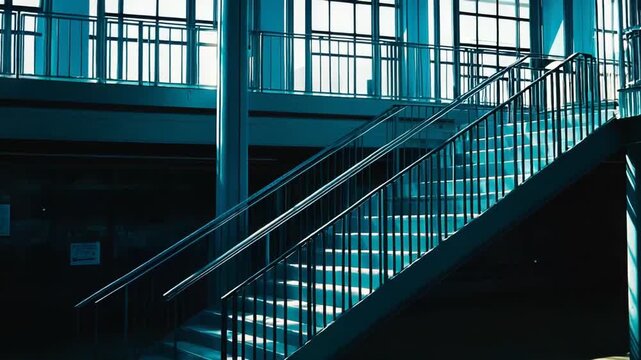 Modern metal staircase with railing illuminated by natural light, casting striking geometric shadows on the floor and walls in a contemporary interior space