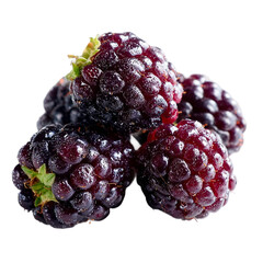 A handful of deep purple boysenberries with a glossy, bumpy surface and a fresh, juicy appearance. on a white background
