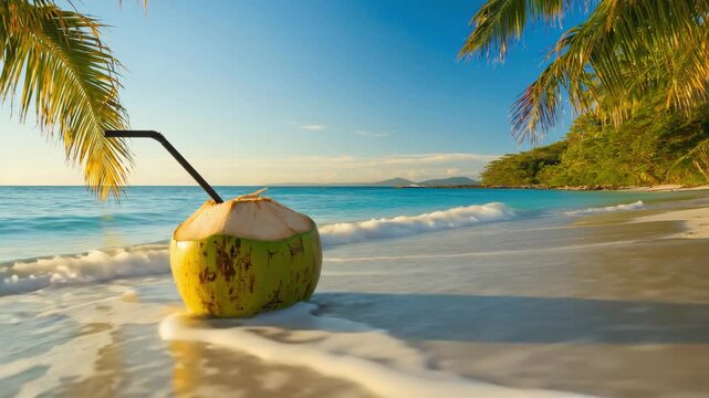 Fresh Coconut Drink on Tropical Beach