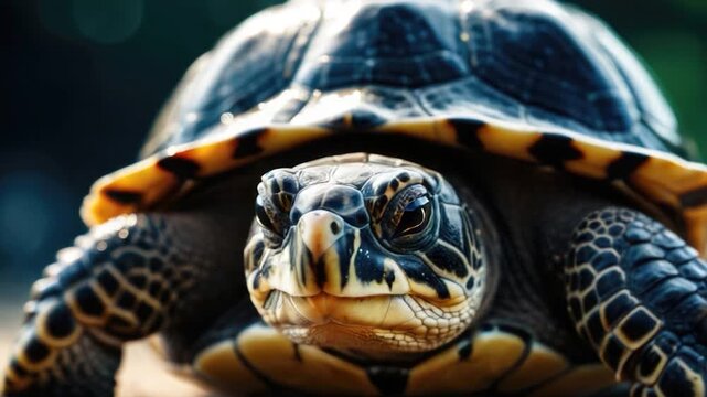 A close-up shot of a turtle sitting on a table, perfect for use in educational or scientific contexts