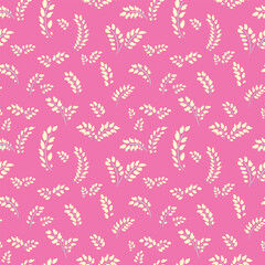 Fototapeta premium Seamless vector pattern with tiny stylized botanical branches and leaves in soft cream tones on bright pink background. Minimal floral design perfect for textiles, wrapping, and decor