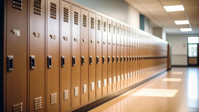 Rows of brown metal lockers extending down a bright school hallway with polished floors and fluorescent lights