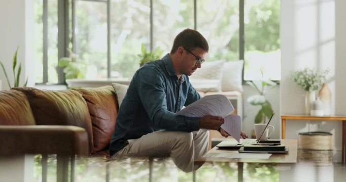 Laptop, freelancer and documents with man on sofa for blog writer, virtual editor or newsletter promotion. Online magazine article, remote worker or email marketing with person in living room of home