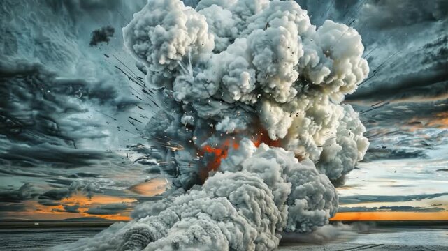 A massive cloud of smoke rises from the surface of the ocean, likely caused by an underwater eruption or natural disaster