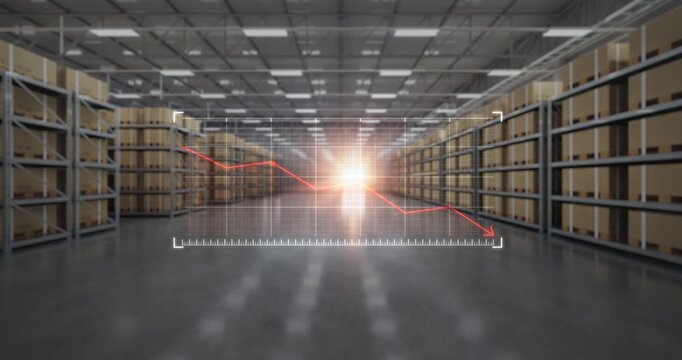 Warehouse interior with rows of packages stored on industrial shelving within large distribution center. Overlaying downward-trending graph line, symbolizing economic slowdown, reduced productivity.