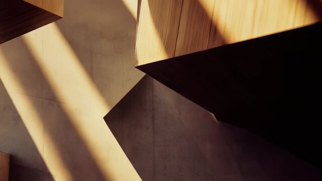 Abstract architecture creating a play of light and shadow, highlighting geometric shapes and minimalist design with textured concrete and wooden surfaces
