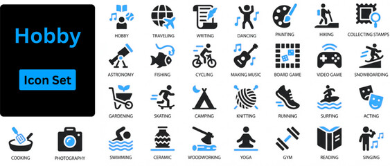 hobby solid icon set contains painting, photography, acting, travel, hiking, yoga, dancing, cooking, fishing, music, gaming and gardening. Solid icons set.  © Md. Tuhin Molla