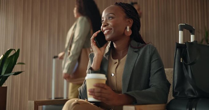 Phone call, coffee and business black woman in airport for layover notice, flight schedule and contact. Communication, boarding pass and travel update with person in lobby for departure lounge