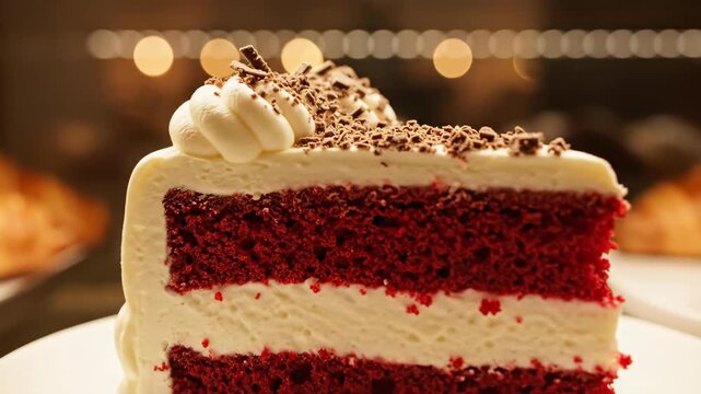 Delicious slice of red velvet cake with creamy frosting and chocolate shavings on top