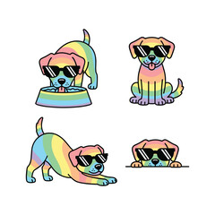 Rainbow colored dog in sunglasses performing various actions with copy space