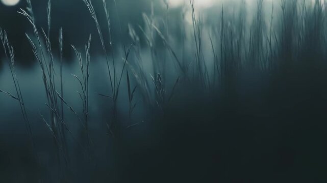 Tall grass blades standing in a hazy, dark field during evening or morning, with soft bokeh lights shimmering in the misty background, creating an abstract and peaceful nature scene