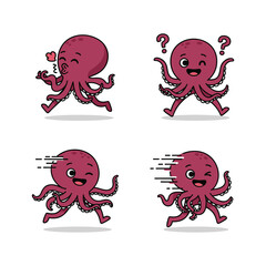 Cartoon octopus character showing different emotions with copy space
