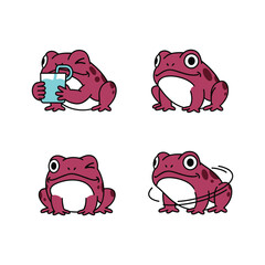 Cartoon frogs with different emotions and actions in a simple design style
