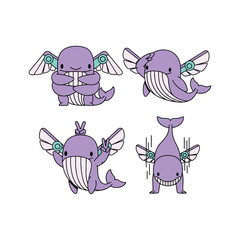 Cartoon whales with wings and flowers in pastel purple style