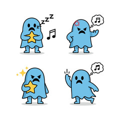 Cartoon blue ghost characters enjoying music in different poses with copy space