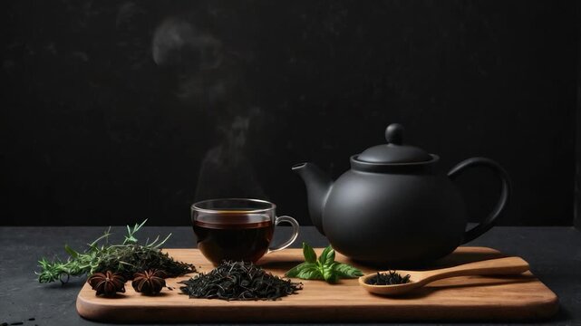 A tea pot and cup of tea placed on a cutting board, perfect for serving or display