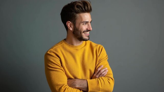 Portrait of attractive self-assured with beaming shiny smile haircut with long furfur wearing casual classic color of mustard sweater macho man standing with folded arms isolated on gray bac.