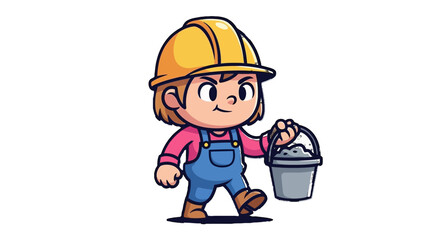 Fototapeta premium Diligent cartoon female construction worker girl walking with a gray bucket, happily focused on her task on an isolated white background.
