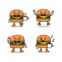 Cartoon burger characters dancing and enjoying coffee in various poses with happy expressions