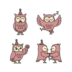 Cartoon owls in party hats showing emotions on white background